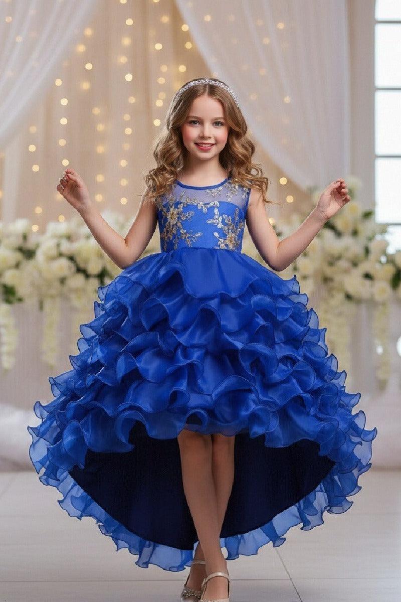 Ball Gown Illusion Round Neck Sleeveless Ruffled Organza Flower Girl Dresses 1029091411303 - 7 Days / Royal Blue / 100cm - COCOMELODY